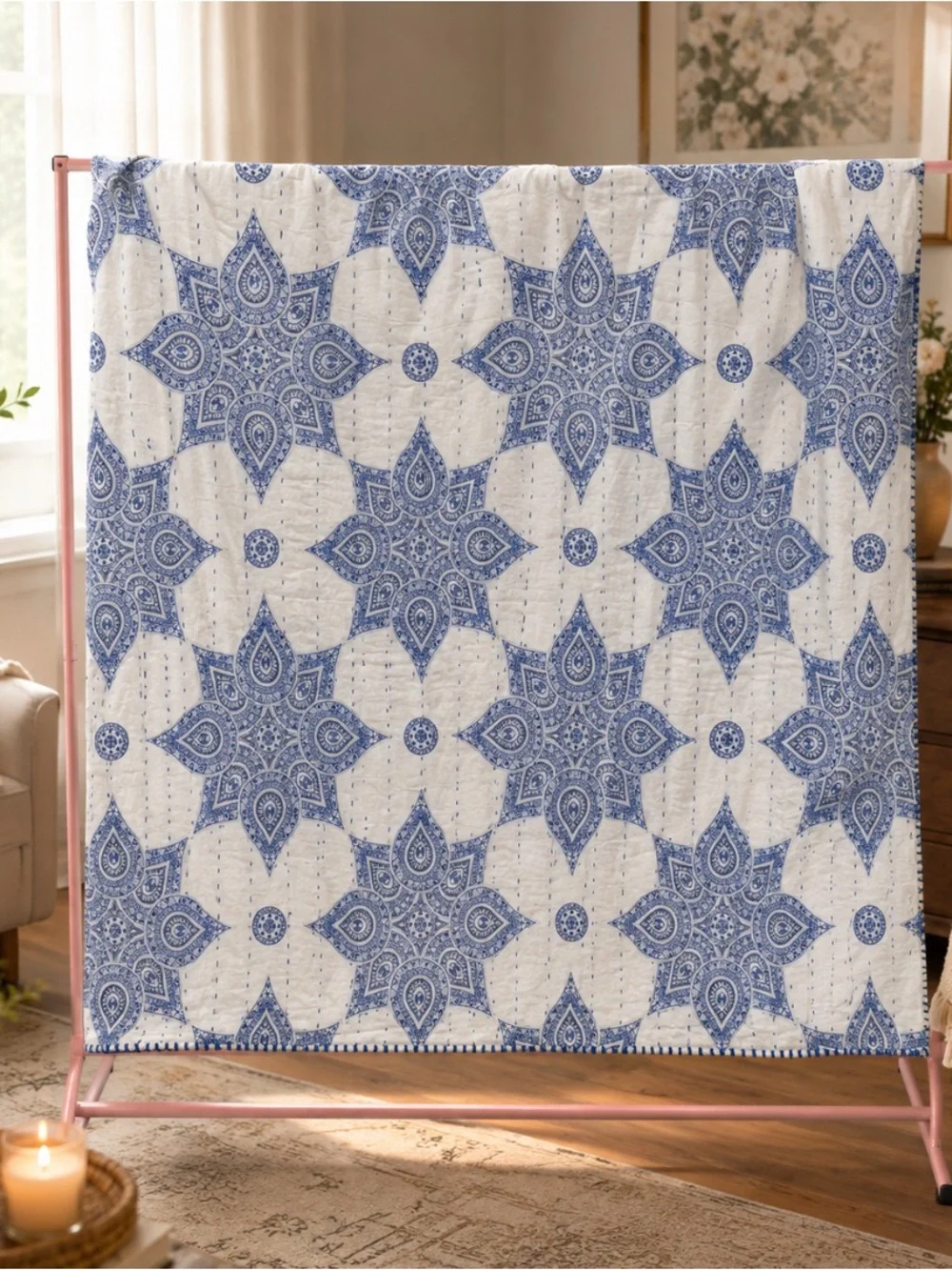 Cost Plus World Market White and Blue Star Hand Stitched  -Medallion Quilt Throw